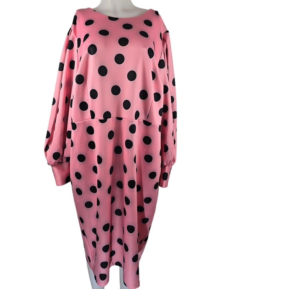 Eloquii Pink Black Polka Dot Puff Sleeve Open Back Business Casual Dress 22 NWT